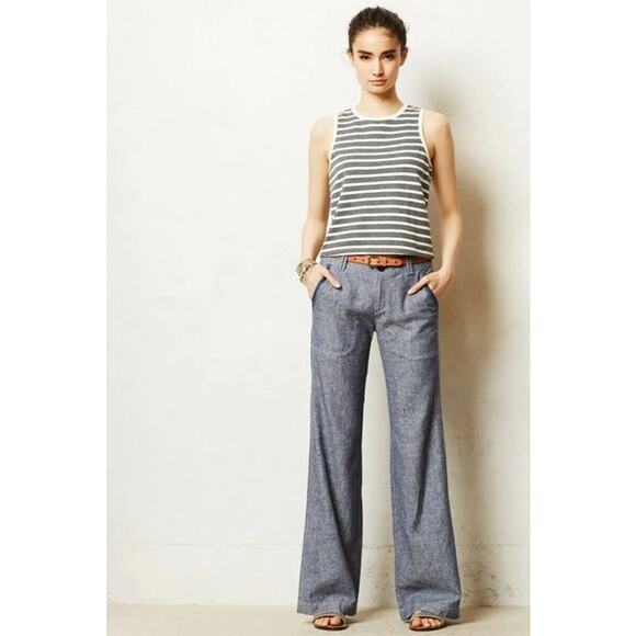 Anthropologie Pilcro Linen Blend Wide Leg Pants Chambray 10 Trousers Gray Blue - Picture 1 of 6
